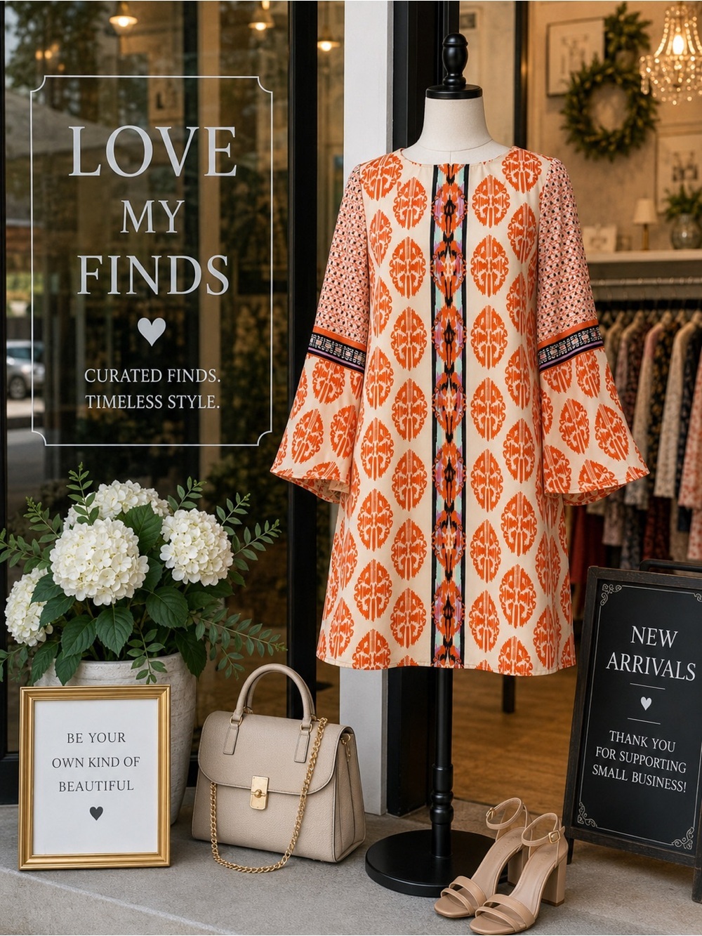 Beige by ECI Boho Bell Sleeve Shift Dress | Orange Abstract Print | Size 8
